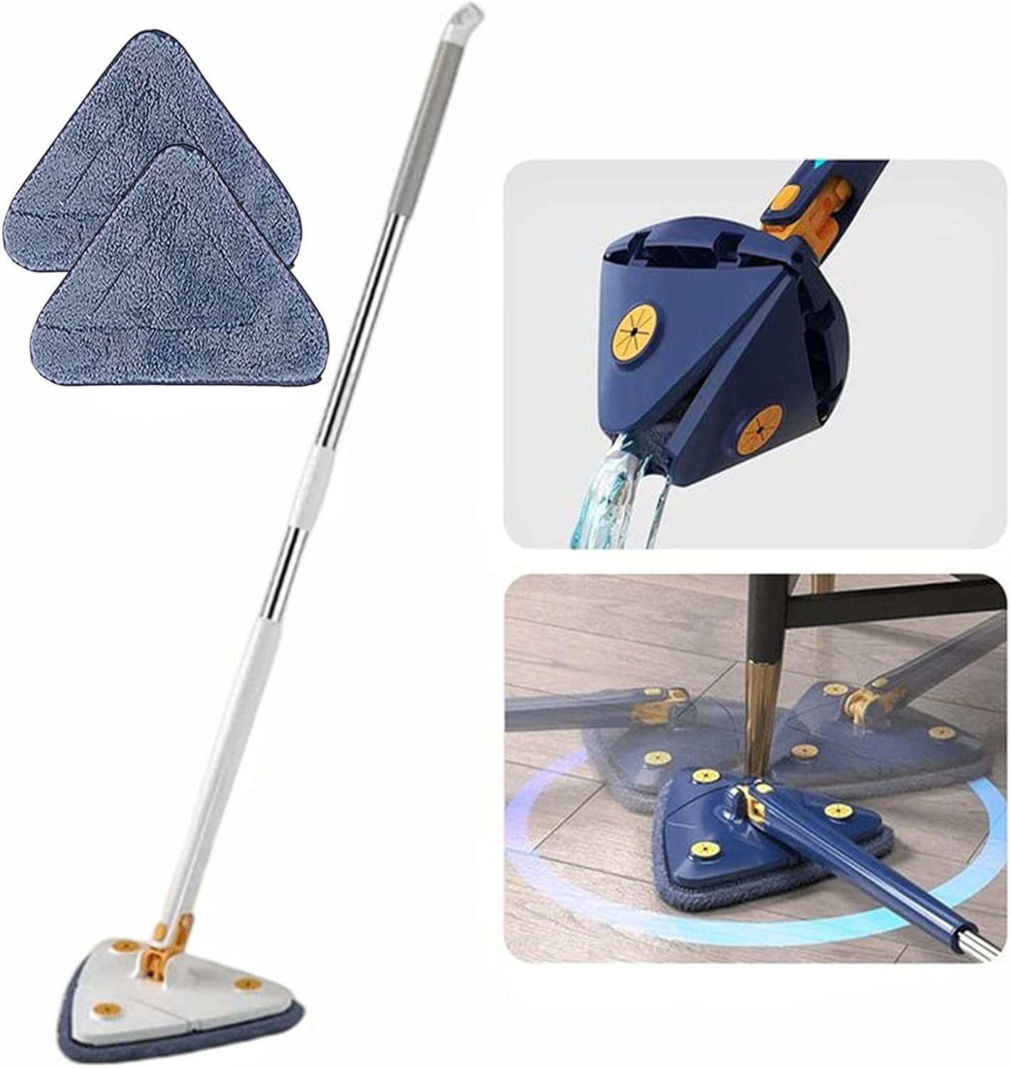 360° Rotatable Adjustable Cleaning Mop Reusable Triangle Mop with 52.1'' Long Handle Automatic Wringing Cleaning Mop Spin Mop Wet Dry Scrubber Brush for Floor Wall Ceiling (White+2pcs Clothes)