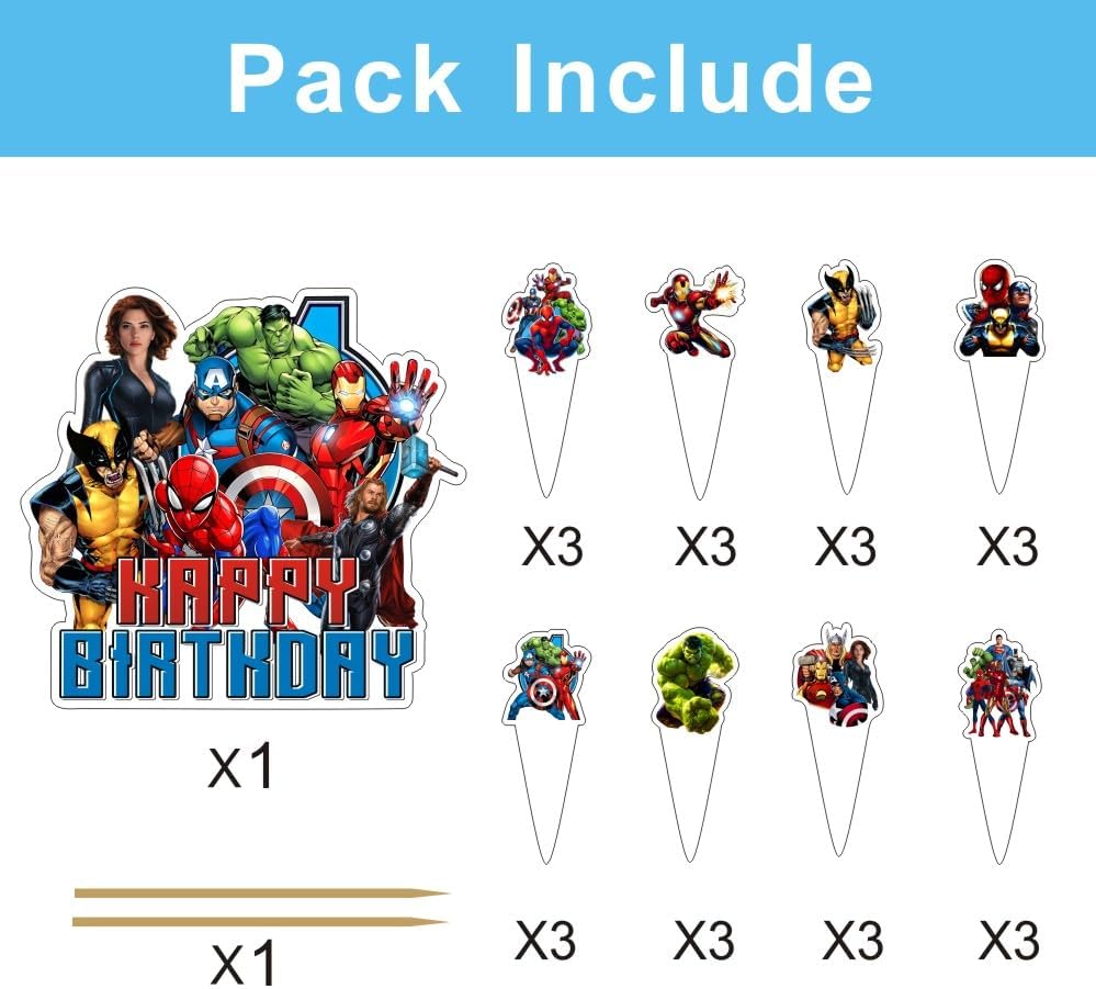 25pcs Superhero Cake Decorations with 24pcs Cupcake Toppers, 1pcs Cake Topper for Superhero Birthday Party Supplies