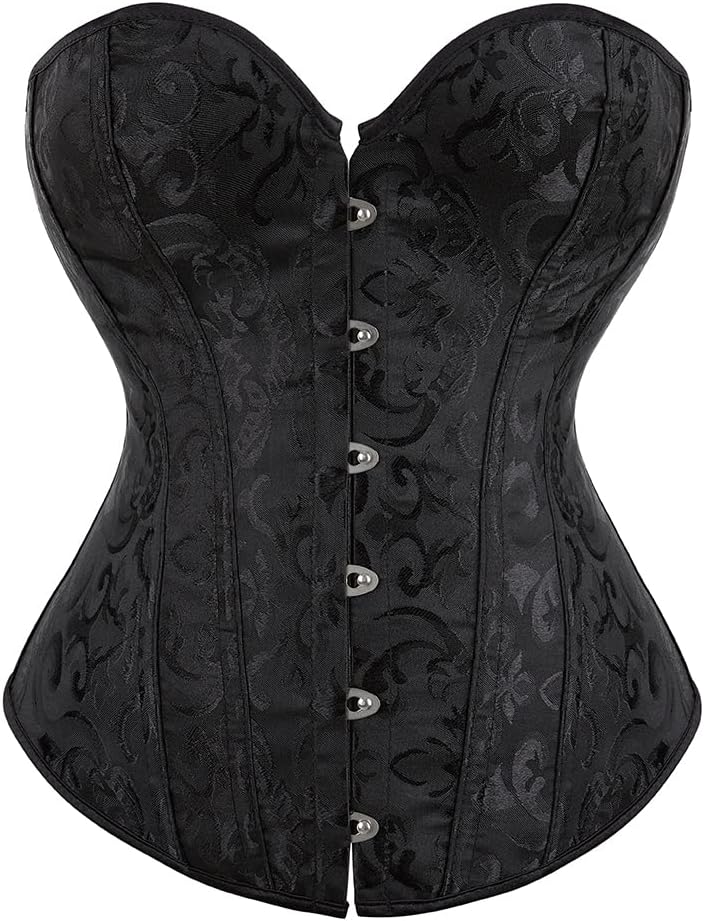 Eohak Women's Sexy Satin Corset-Bustier Floral Print Boned Overbust Corset Top Black Satin Waist Cincher