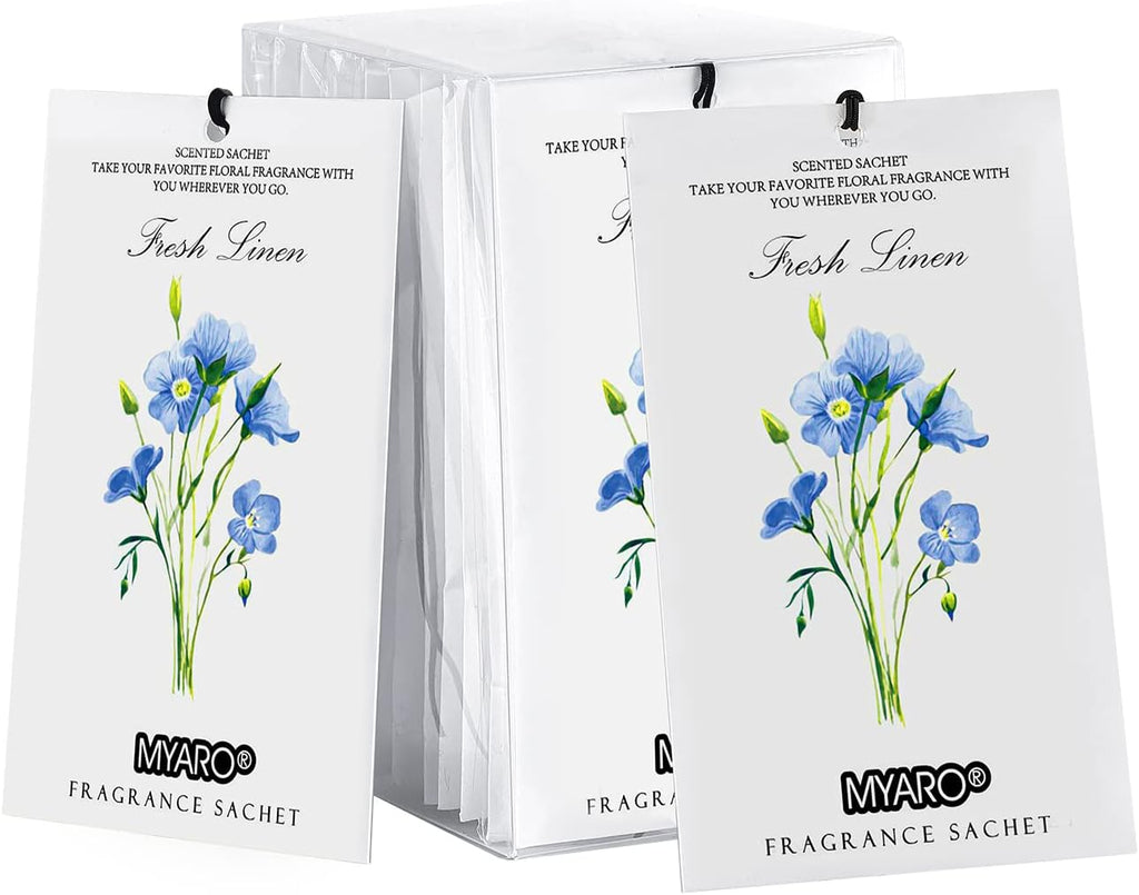 MYARO 12 Pack Fresh Linen Scented Sachets for Drawer, Closet & Car Air Freshener Bags | Odor Eliminator & Fabric Refresher | Crisp, Clean Home Fragrance Gift Set