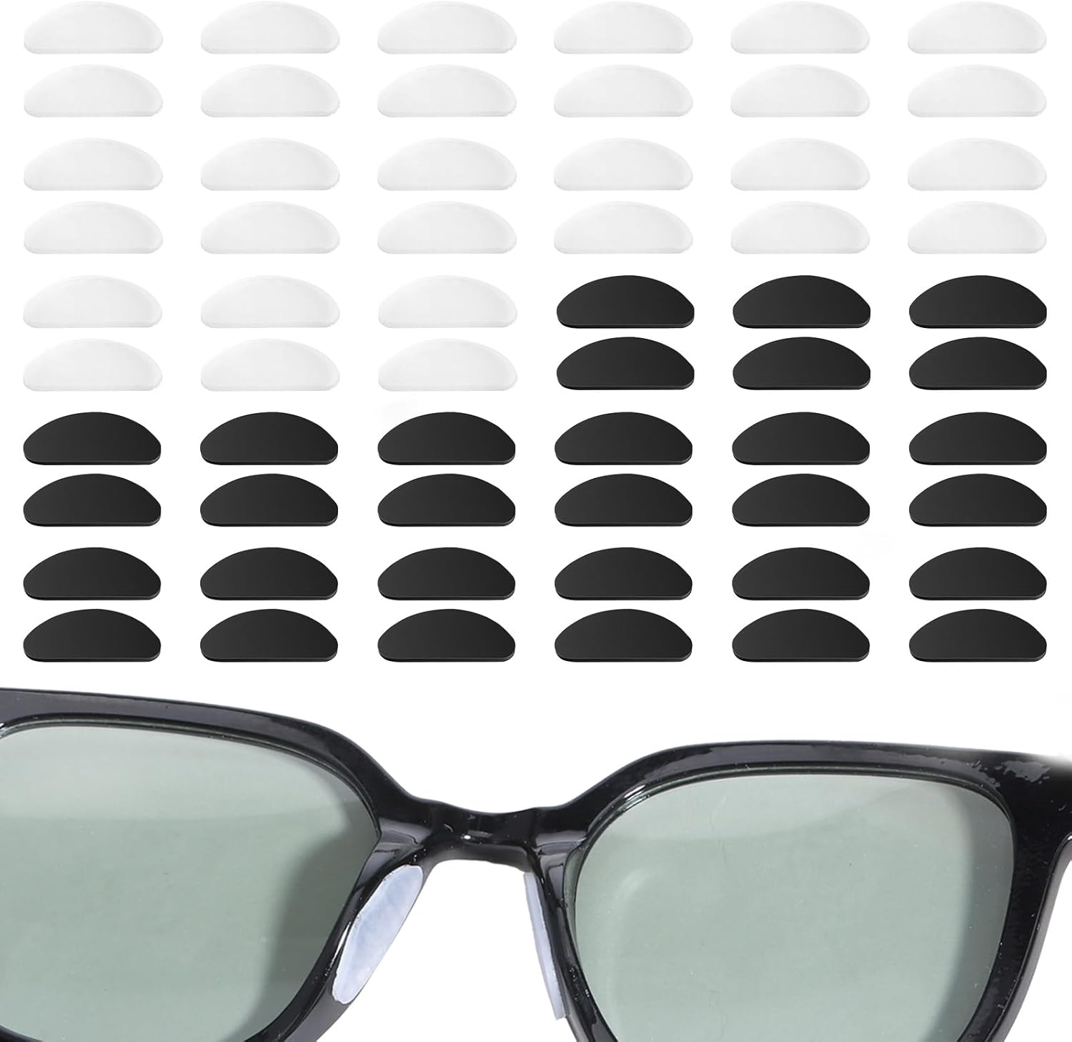 30 Pairs Glasses Nose Grips Non Slip, Soft Adhesive Glasses Anti Slip D-Shaped Silicone Nose Pads for Eyeglasses Sunglasses Reading Glass (Transparent and Black, 1 mm)