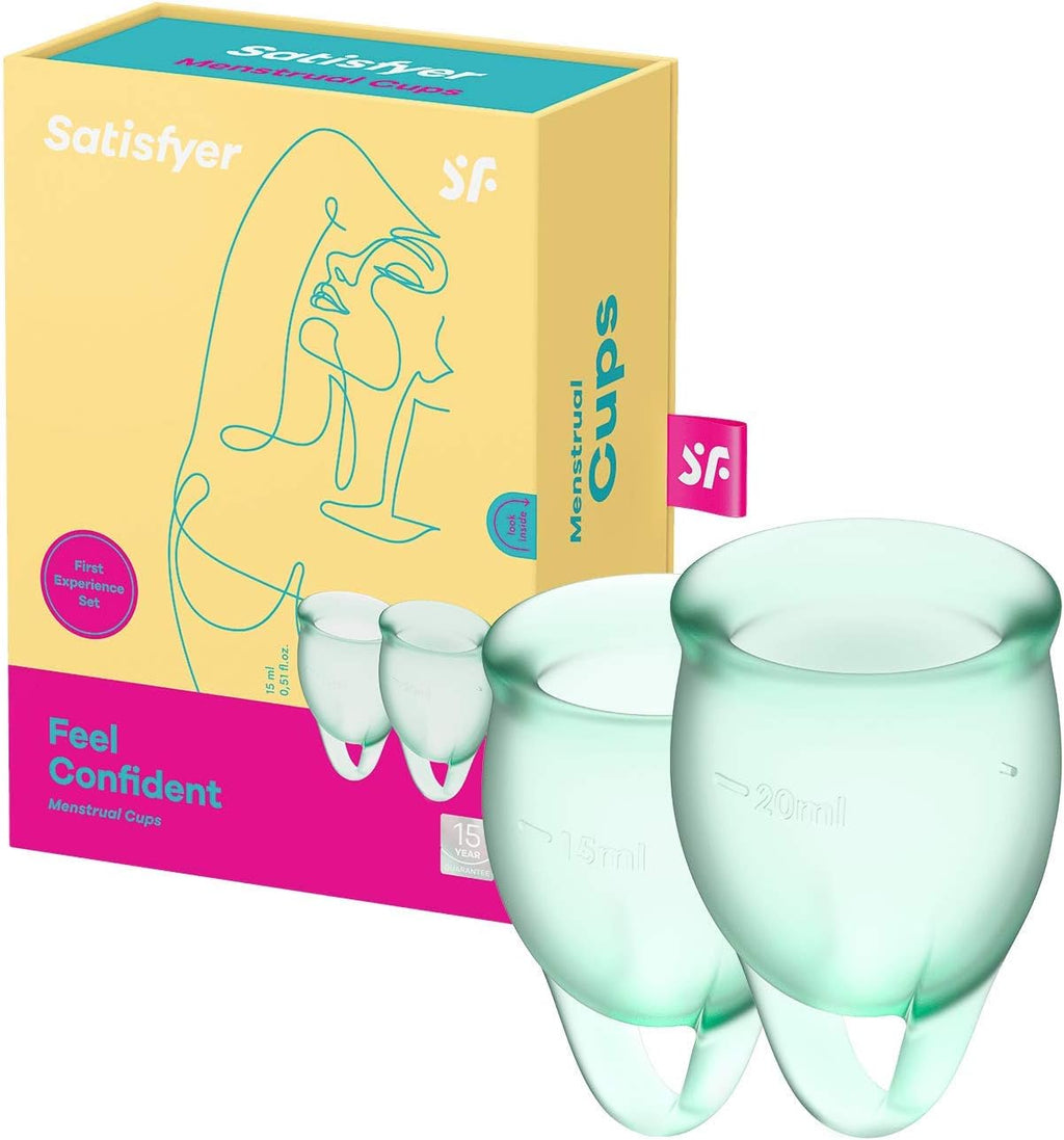 Satisfyer Feel Confident Menstrual Cup - Reusable Period Cup with Removal Ring - Soft, Flexible Body-Safe Silicone, Easy Insertion & Removal - Includes 2 Cup Sizes for All Flows (Light Green)