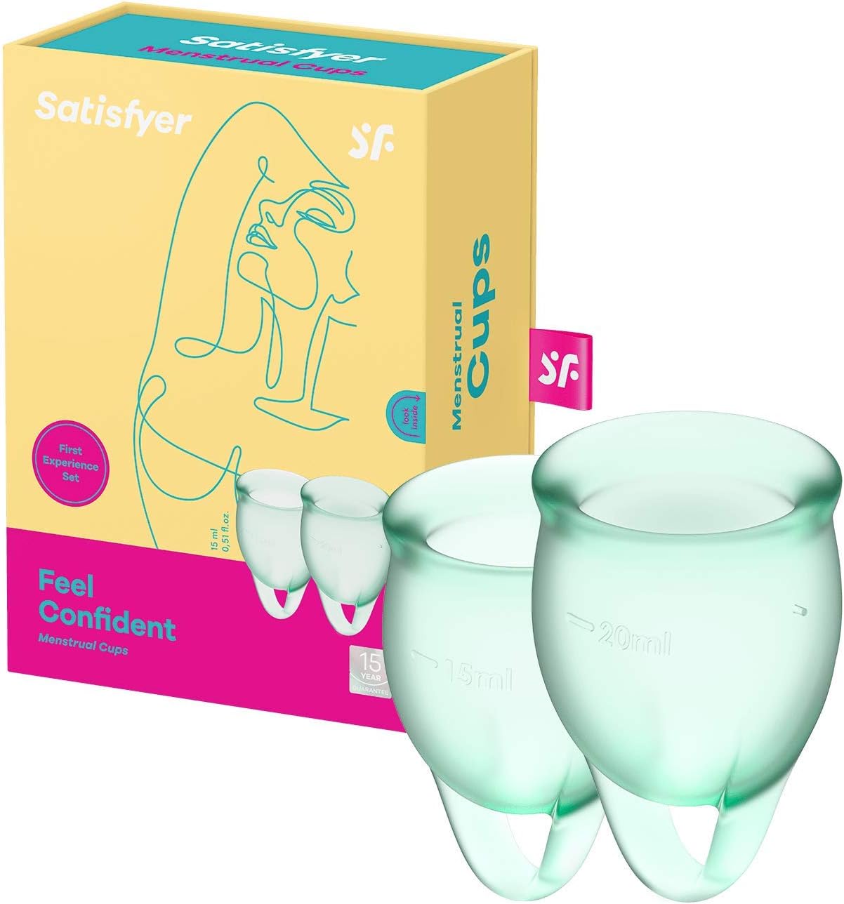 Satisfyer Feel Confident Menstrual Cup - Reusable Period Cup with Removal Ring - Soft, Flexible Body-Safe Silicone, Easy Insertion & Removal - Includes 2 Cup Sizes for All Flows (Light Green)