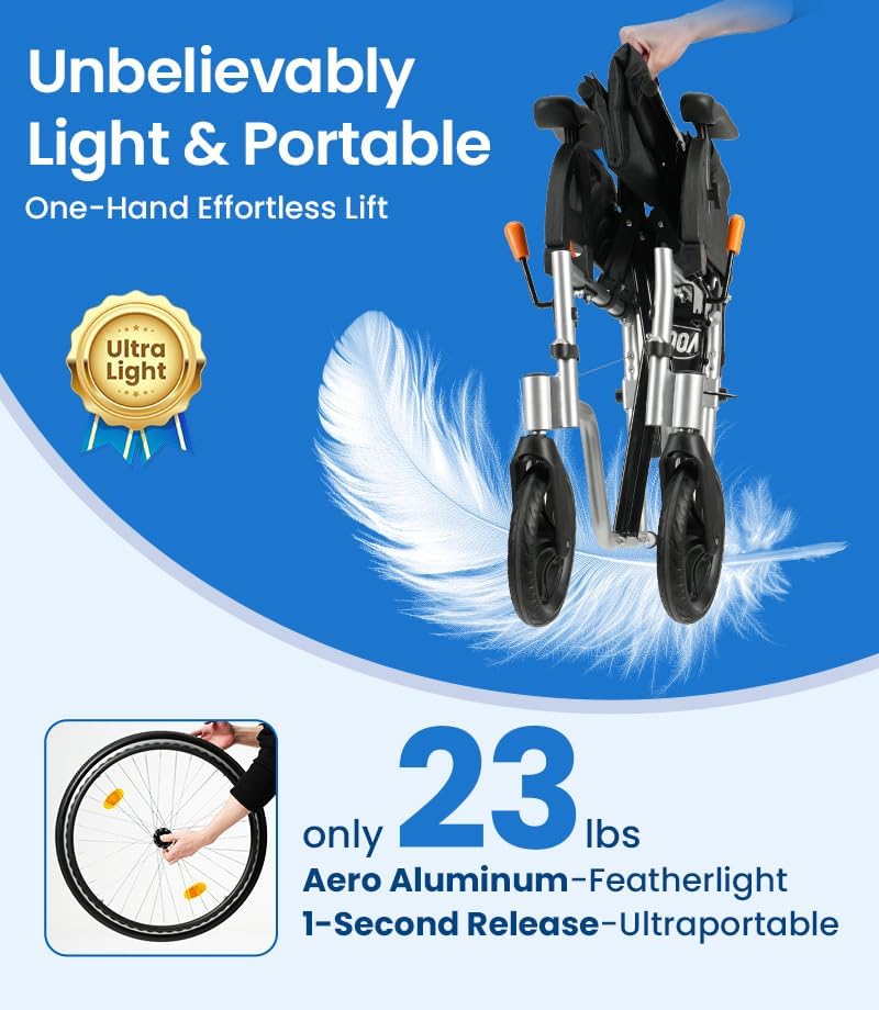 VOCIC Ultra Lightweight Wheelchair for Adults, 23lb Frame Portable Foldable Self-Propelled Wheelchairs for Seniors with Quick Release Wheels, Swing-Away Footrests,Flip-Back Arm, 300 lbs Orange