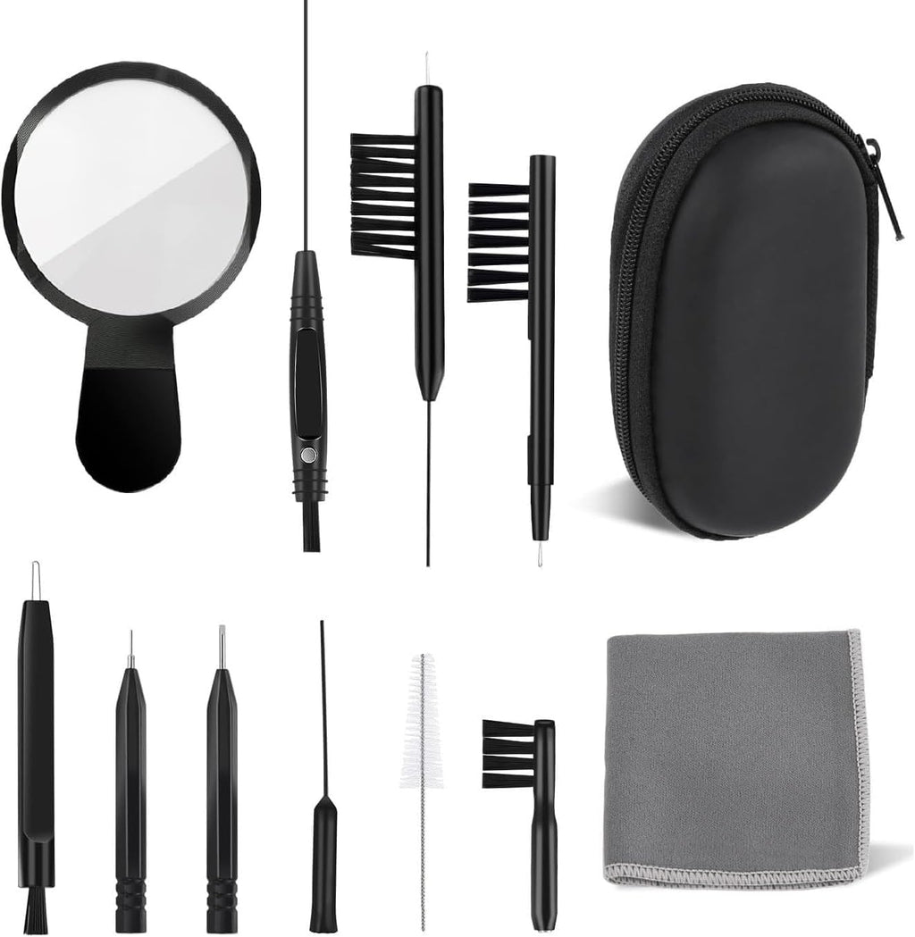 WXJ13 Hearing Aid Cleaning Kit, 13 Pieces, Includes Nylon Brushes, Magnifier, Ventilation Rod, Screwdriver, Case for Headphones, Earplugs, Mobile Phone Charging Holes