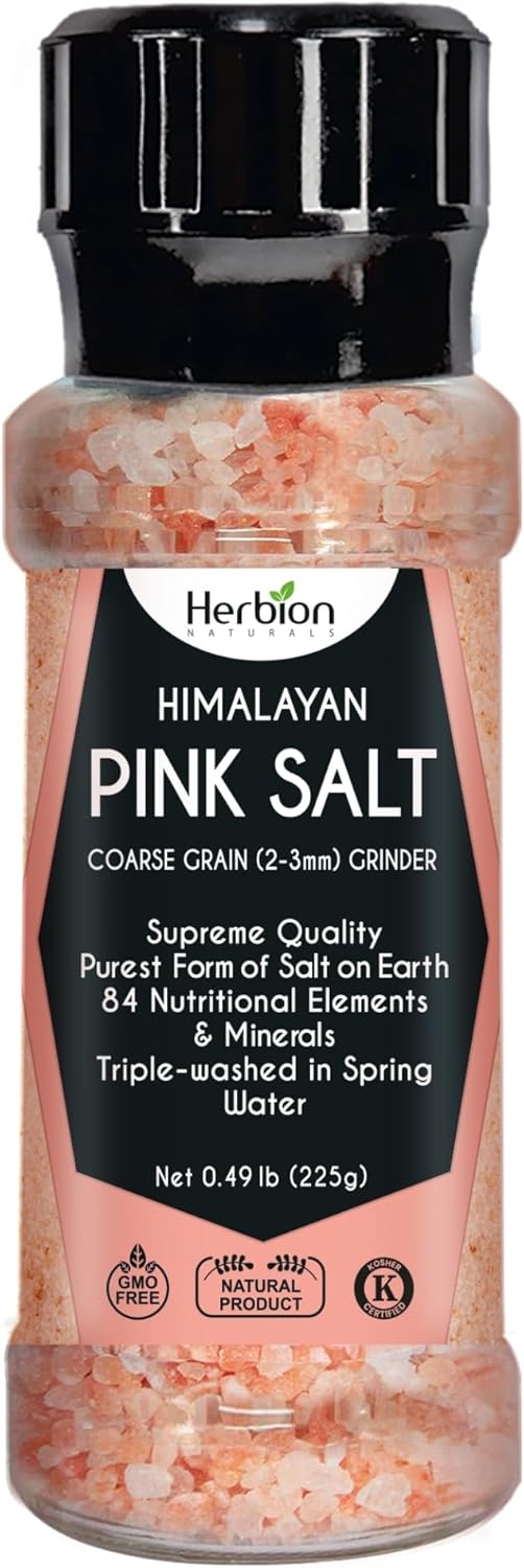 HERBION Naturals Himalayan Pink Salt Grinder Coarse Grain, 100% Pure with 84 Minerals for Seasoning, Refillable, All-Natural Salt, Triple-Washed in Spring Water, Vegan, Kosher Certified Pack of 1