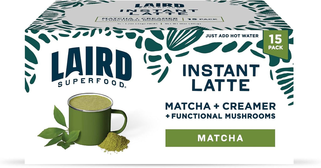 Laird Superfood Instant Latte Matcha, Non-Dairy, Superfood Creamer, Gluten Free, Non-GMO, Vegan, 15pk Sachets