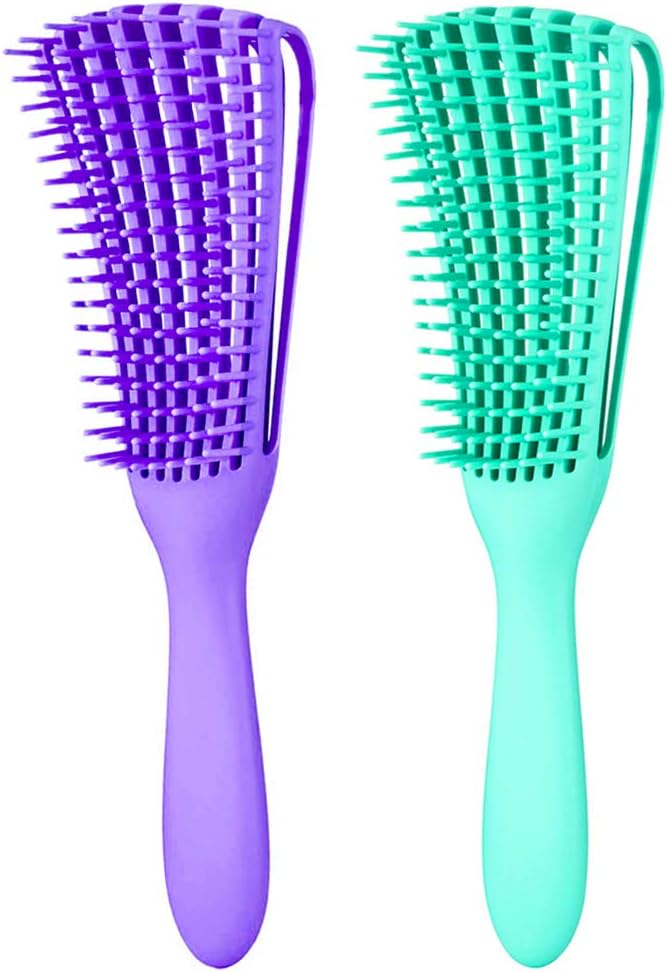 Detangling Brush for Women's Afro American/African 3a to 4c Kinky, Wavy, Curly, Coily Hair - Knots Detangler and Scalp Massage Comb for Wet/Dry/Oil/Thick/Long Hair (2 pcs, Purple-Green)