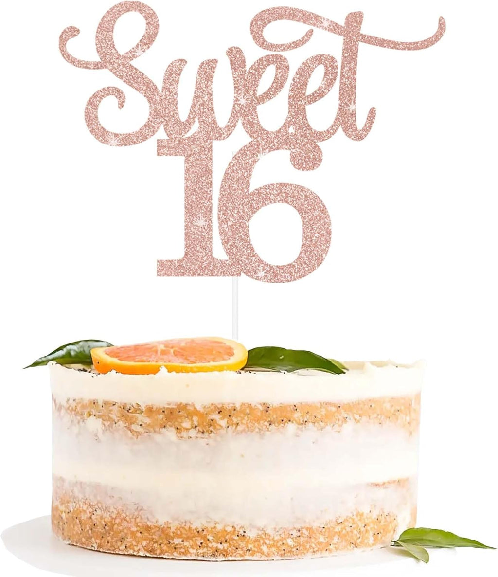 Gexolenu 1 PCS Rose Gold Glitter Double-sided Happy Sweet 16 Cake Toppers,16th Cake Topper, Sweet 16 Birthday Cake Party Supplies, Sweet 16 Decorations for Cake, Sweet 16 Party Decorations