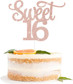 Gexolenu 1 PCS Rose Gold Glitter Double-sided Happy Sweet 16 Cake Toppers,16th Cake Topper, Sweet 16 Birthday Cake Party Supplies, Sweet 16 Decorations for Cake, Sweet 16 Party Decorations