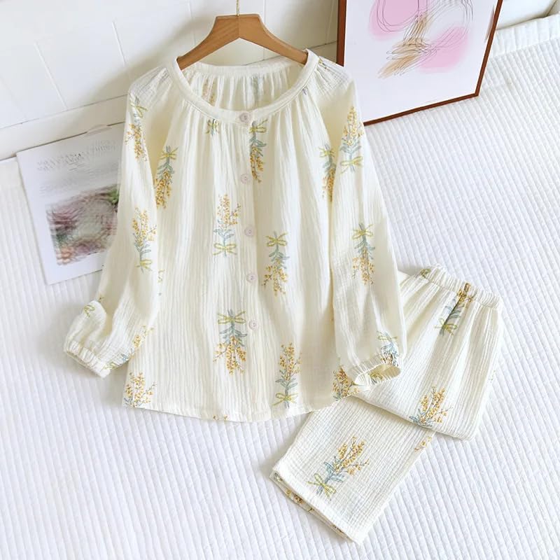 REHJJDFD Women's Cotton Gauze Pajama Set Print Sleepwear Long Sleeve Pijamas Home Clothes