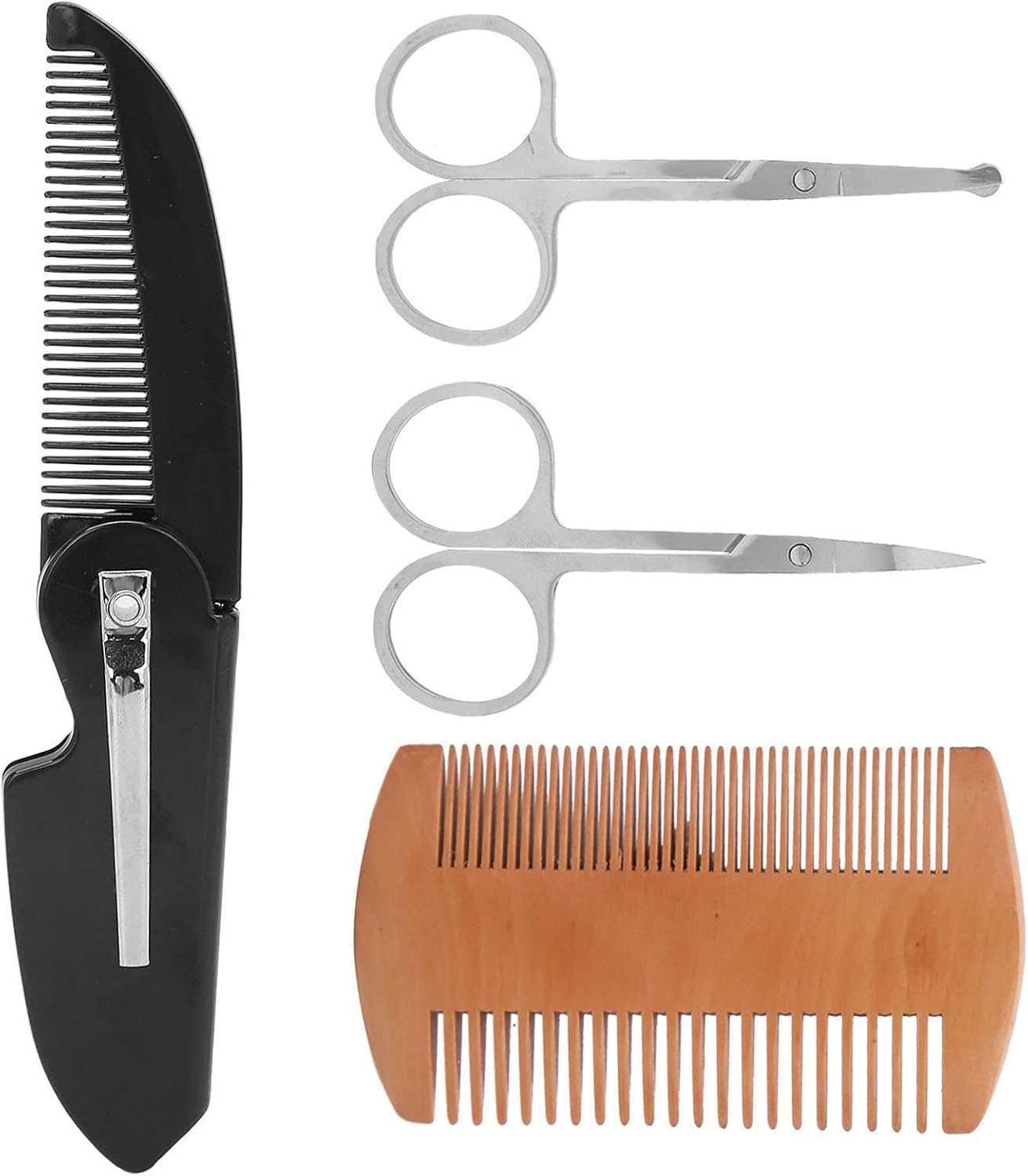 4 in 1 Beard Shaping Styling Kits for Men, Include Double Sided Wooden Comb Pointed Scissors Small Folding Comb and Round Head Scissors, Beard Shaping Styling Tool for Home Salon