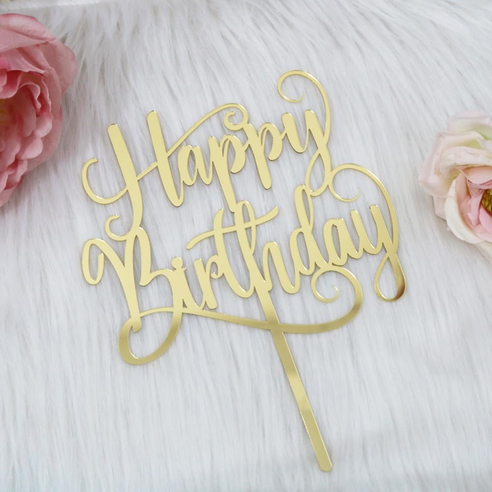 Gold Mirror acrylic Happy Birthday Cake Topper,for Anniversary/Birthday/Bridal Shower，Party Decoration Supplies