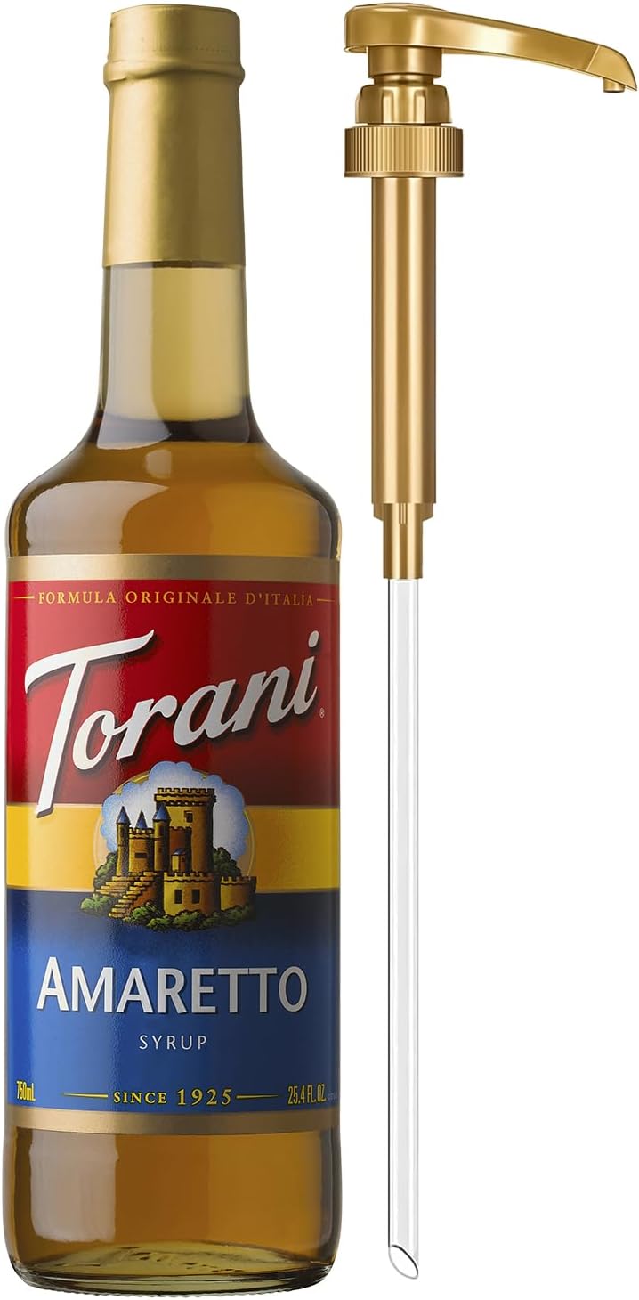 Torani Coffee Syrup, Amaretto Flavoring for Drinks, Glass Bottle with Pump Included, 25.4 Fl Oz