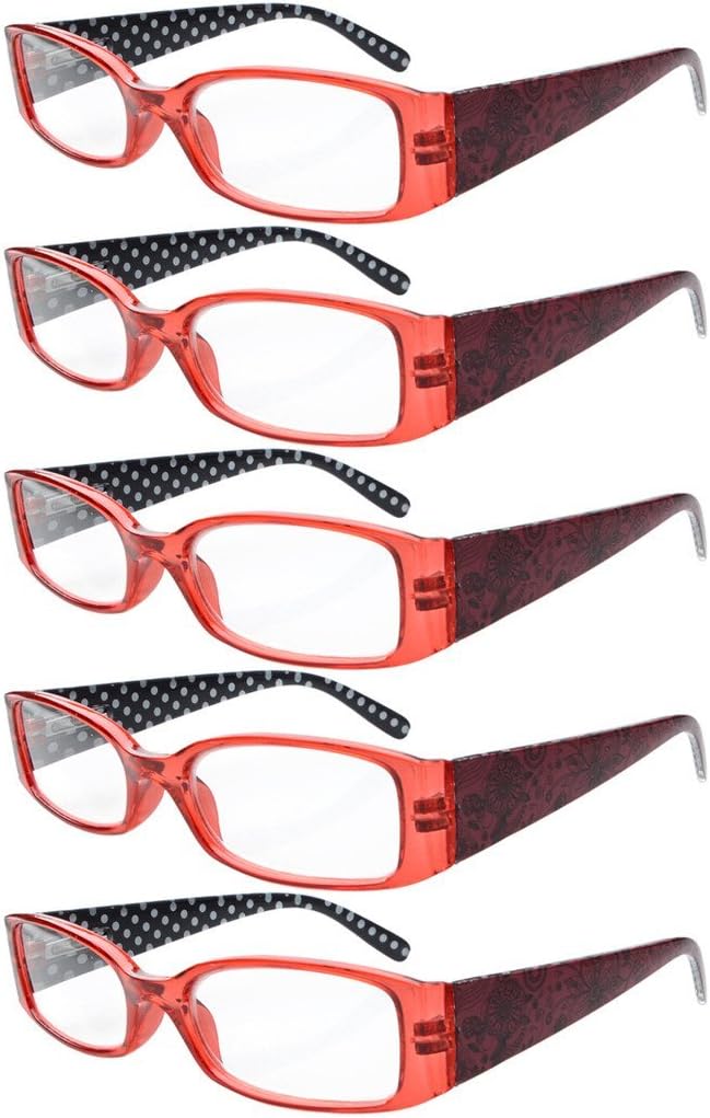 Eyekepper 5-Pack Spring Hinges Polka Dots Patterned Temples Reading Glasses Readers Women Red +1.25