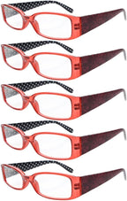 Eyekepper 5-Pack Spring Hinges Polka Dots Patterned Temples Reading Glasses Readers Women Red +2.25