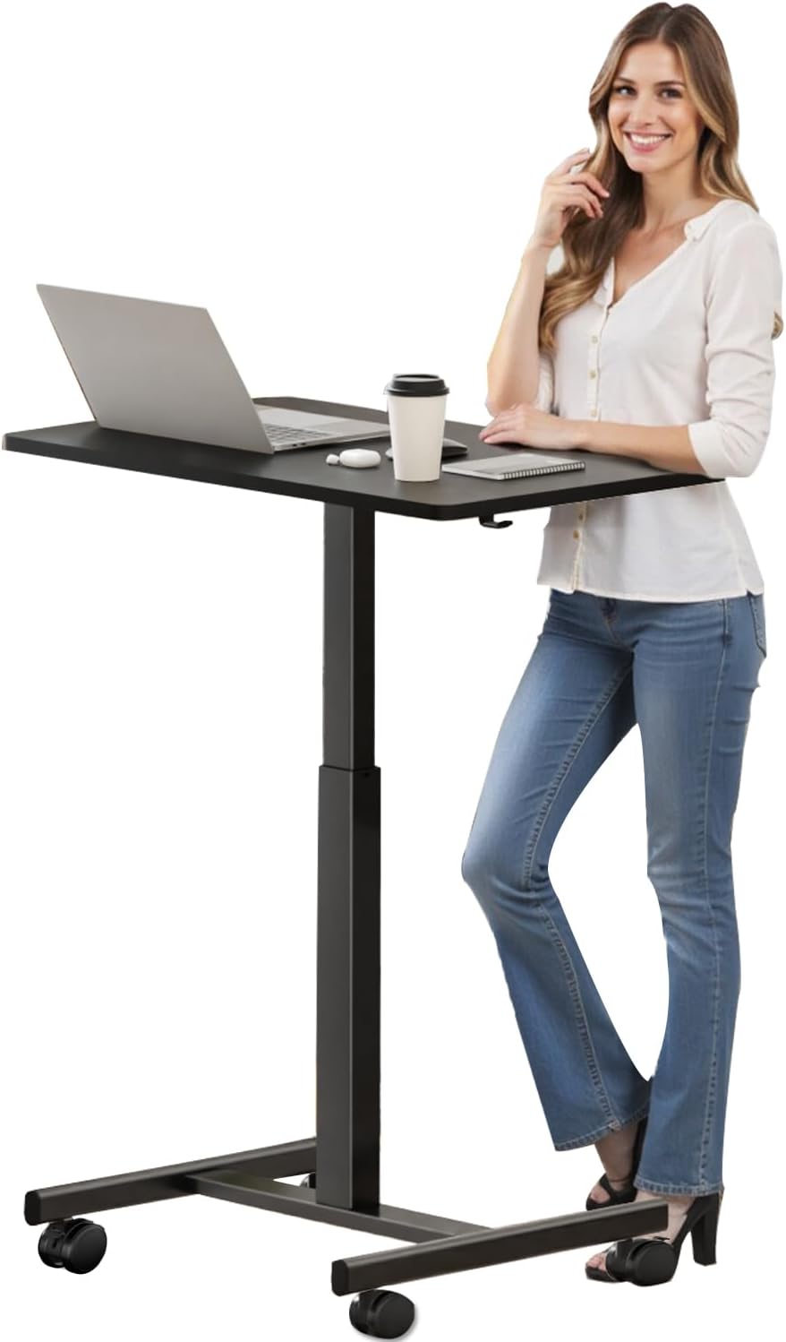 CROWNFURN Mobile Small Standing Rolling Desk Adjustable Height, Portable Laptop Desk on Wheels, Workstation for Home Office with Hook,Black