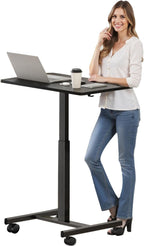 CROWNFURN Mobile Small Standing Rolling Desk Adjustable Height, Portable Laptop Desk on Wheels, Workstation for Home Office with Hook,Black