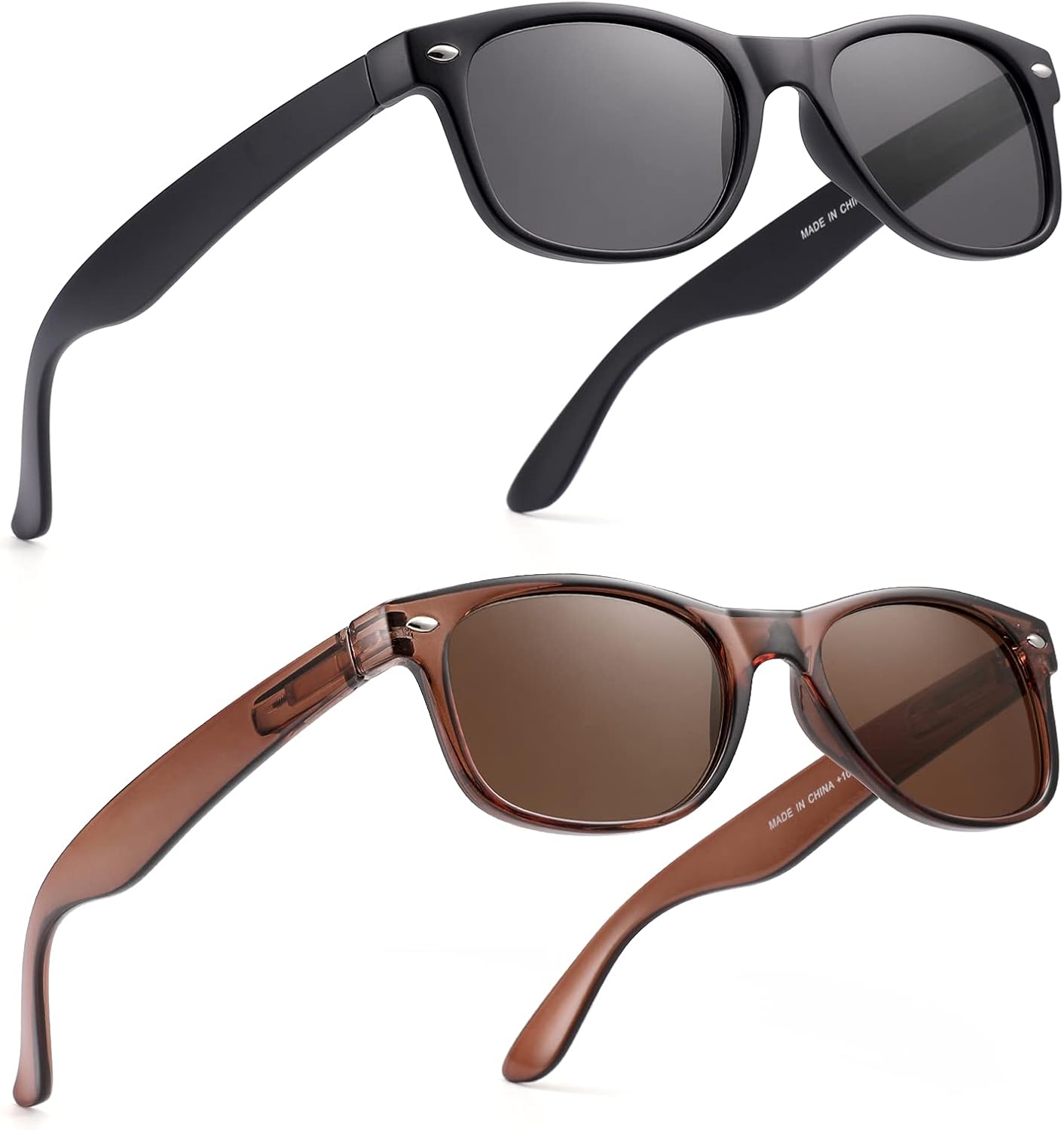 2 Pack Reader Sunglasses for Men Women Classic Rectangle Reading Glasses Outdoor Full Lenses Magnifying Eyewear UV Protection Matte Black/Bright Brown +1.75