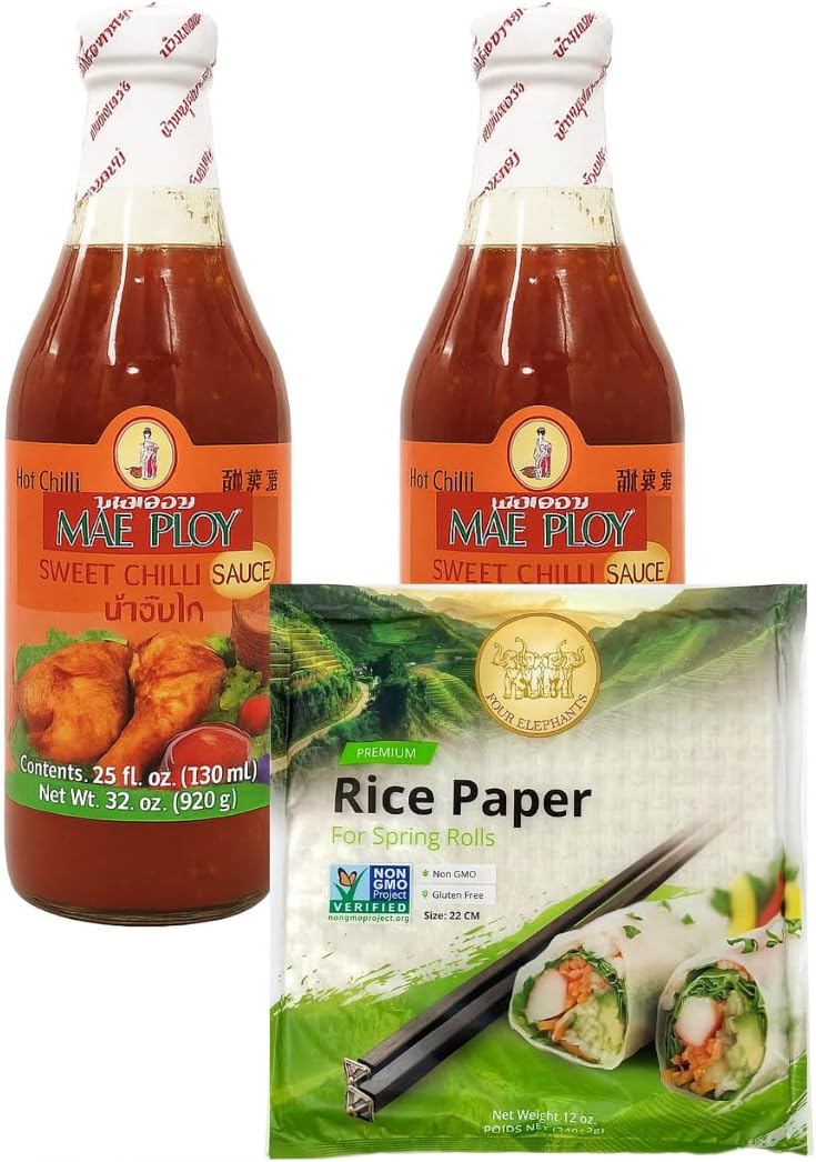 Authentic Asian Pantry Sweet Chili Sauce, 25 fl oz, 2-Pack with FREE Four Elephants Rice Paper, 22cm