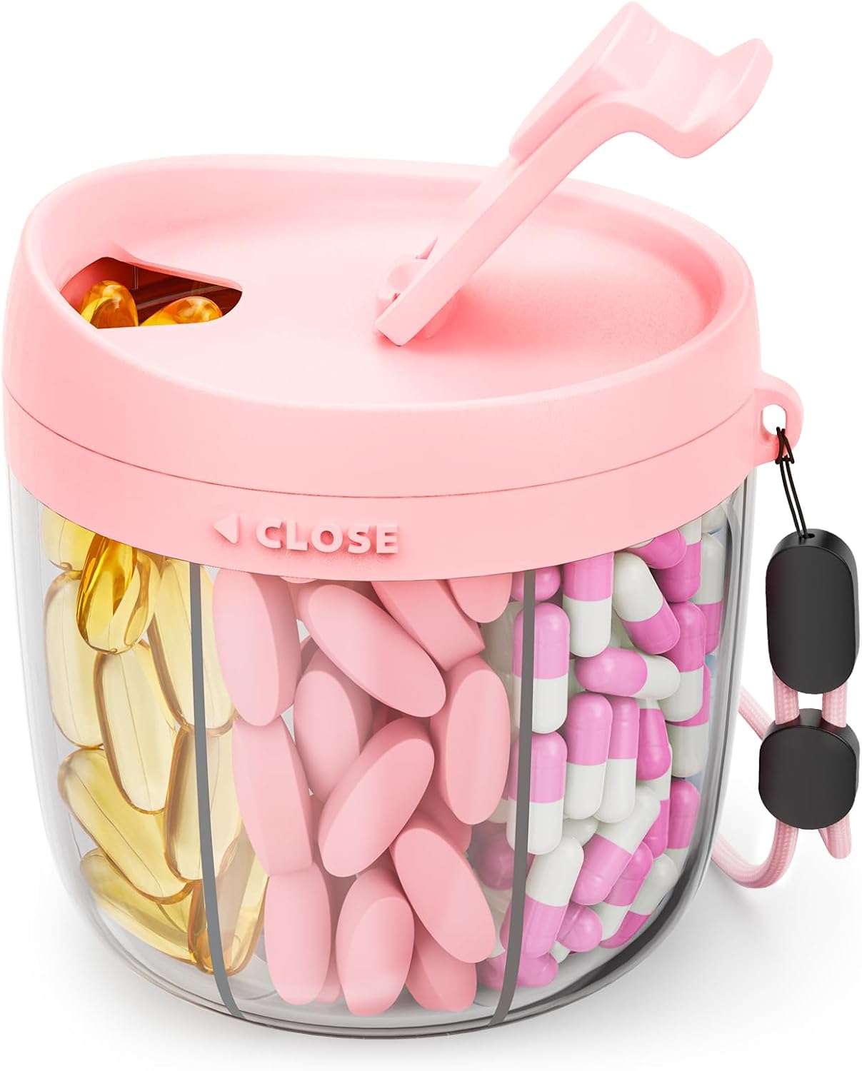 AMOOS Cute Pill Dispenser with 7 Compartments, Pill Bottle Organizer with Anti-Mix Design, Portable Pill Organizer for Travel with Wide Mouth for Easy Access, BPA-Free Patented Pill Container, Pink