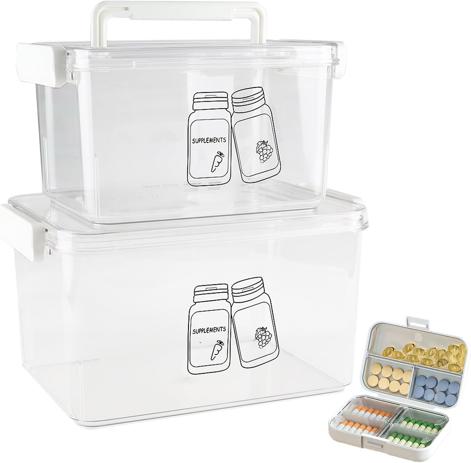 3 Pack Supplement Bottle Organizer with Travel Pill Organizer, Clear Plastic Vitamin Pill Bottle Organizer with Lid & Handle, Stackable First Aid Box Empty for Medicine, Fish Oil, Supplements