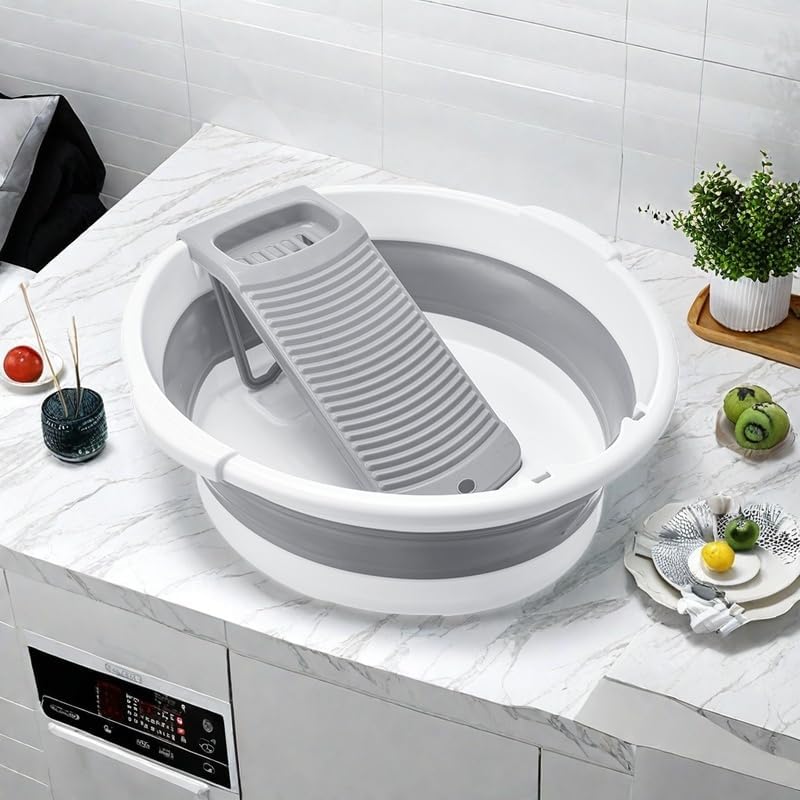 Large Collapsible Washboard Basin for Hand Washing Clothes - Portable Laundry Tub with Scrubber, Durable & Sturdy, Foldable Space-Saver, Ideal for Home, Travel, and Camping (Gray)