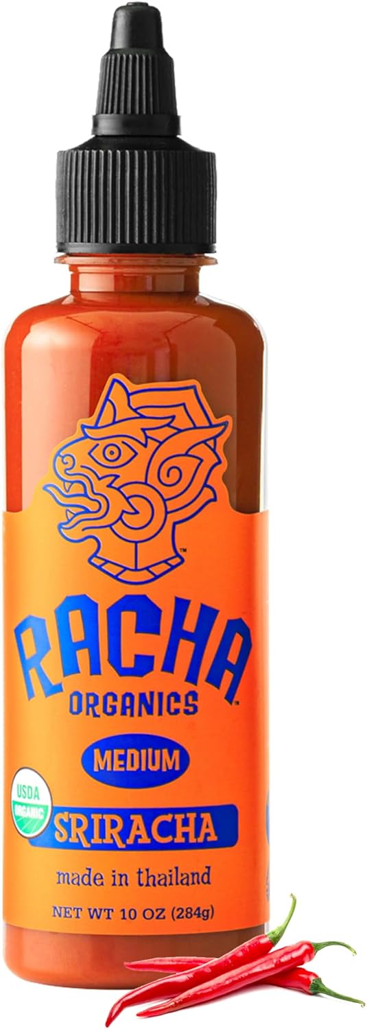 Racha Organics Medium Heat Sriracha Hot Sauce - USDA Organic Sriracha Sauce Made with Estate-Grown Thai Chili Peppers - Low-Sugar, Non-GMO, Gluten Free, Keto Friendly - 10oz - Made in Thailand