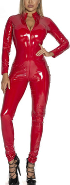 Panegy Women's Metallic Leotard Mesh Front Leather Bodysuit Jumpsuit with Chains
