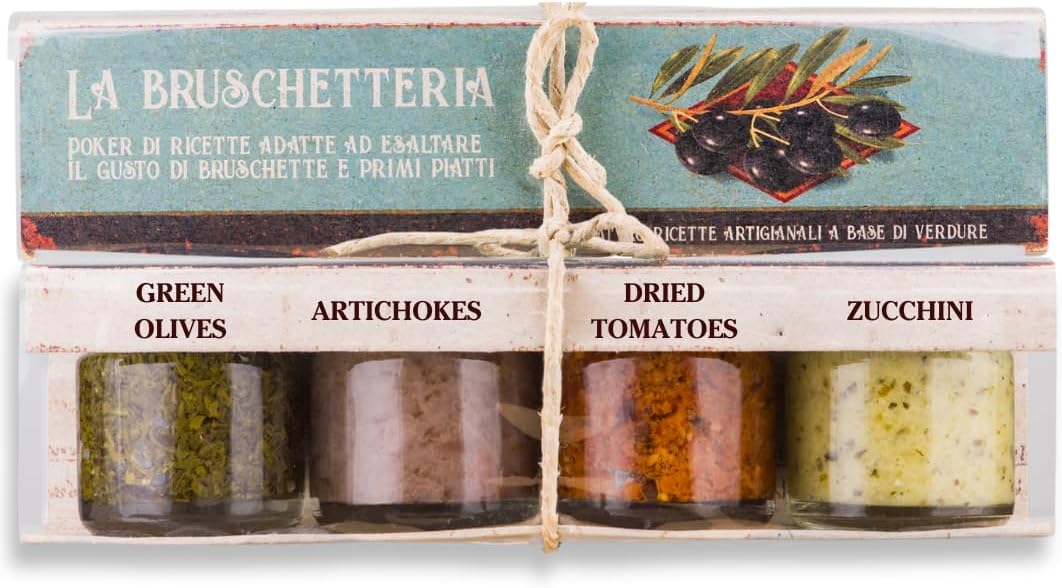 ARTIGIANI DEI SAPORI - Bruschetta Set, 1.3 oz each, Tomato Chopped, Artichokes, Sun-Dried Tomato, Smooth Zucchini Bruschetta Topping - Pack of 4