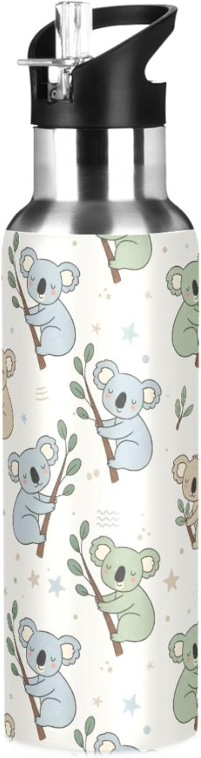 Water Bottle with Straw Stainless Steel, Koala Patter Hot Cold Insulated Sports Water Bottle for Cycling Hiking School Yoga Gym, Leak Proof Lid