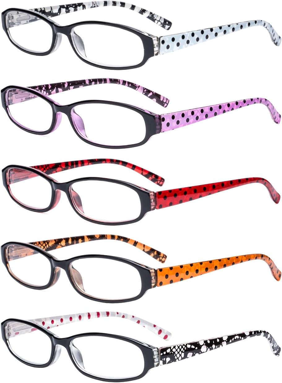 Eyekepper 5 Pack Reading Glasses with Small Lens for Women - Cute Ladies Readers with Polka Dots Arms +1.75