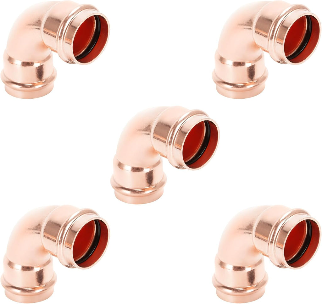 Copper Press Fittings 90 degree Elbow Copper Coupling Zero Lead PxP 1 inch x 1inch for Residential Commercial 5-Pack