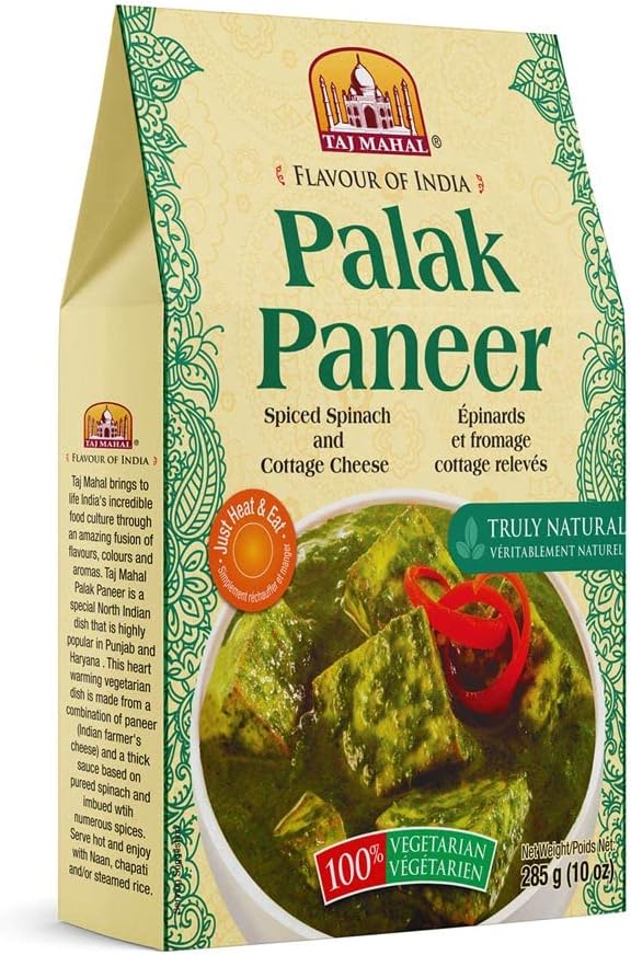 Taj Mahal Flavour Of India Palak Paneer (Spinach/Cottage Cheese) - Ready to Eat 10 oz Pure Vegetarian, Authentic Flavour of Indian Spices (Pack of 6, 285 Grams)
