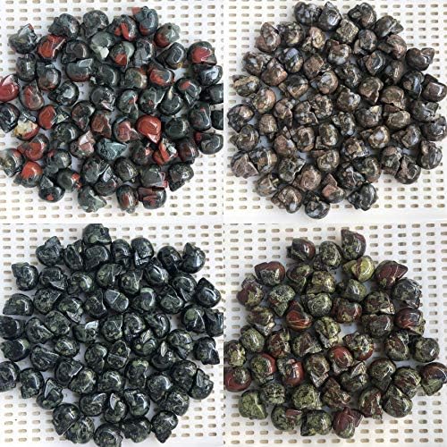 Fekuar 4Pcs Natural Dragon & Africa Bloodstone & Kambaba Jasper & Blue Rhyolite Hand Carved Stone Human Skull Statue Figurine Halloween Party Decoration, 1"(25mm)