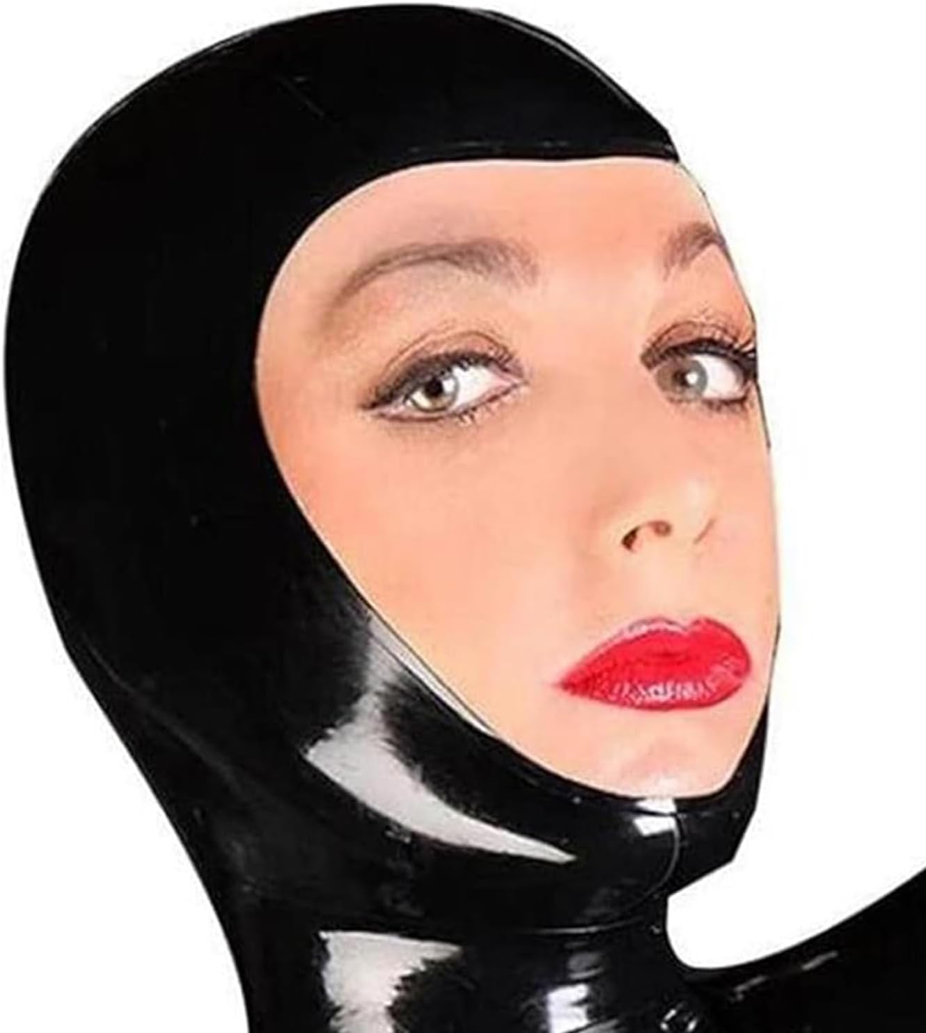 Black Latex Hood Back Zipper Open Face for Catsuit Rubber Mask Club Party Wear