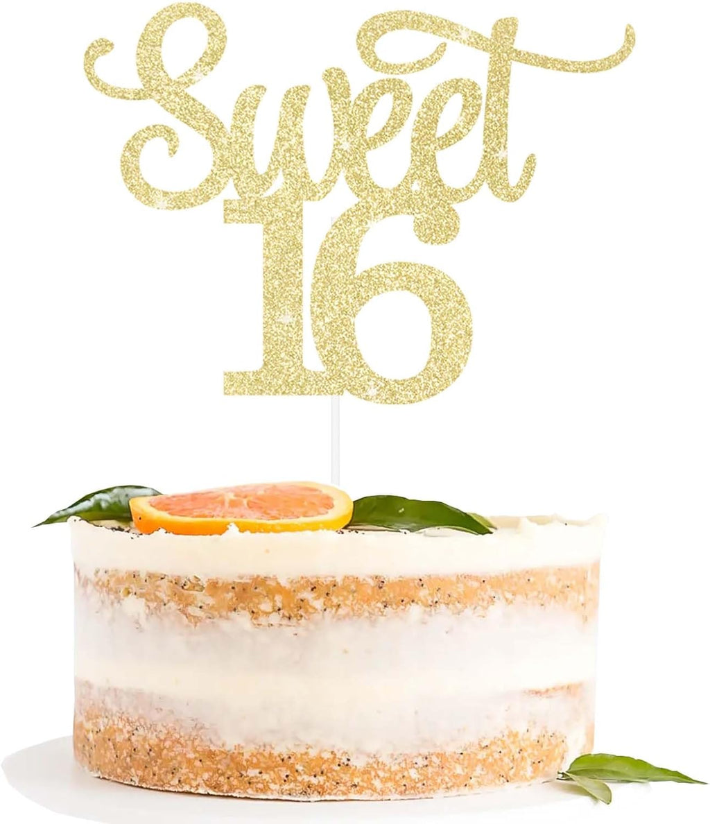 Gexolenu Gold Glitter Sweet 16 Cake Topper, 1 PCS, Anniversary Decoration
