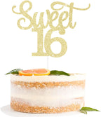 Gexolenu Gold Glitter Sweet 16 Cake Topper, 1 PCS, Anniversary Decoration