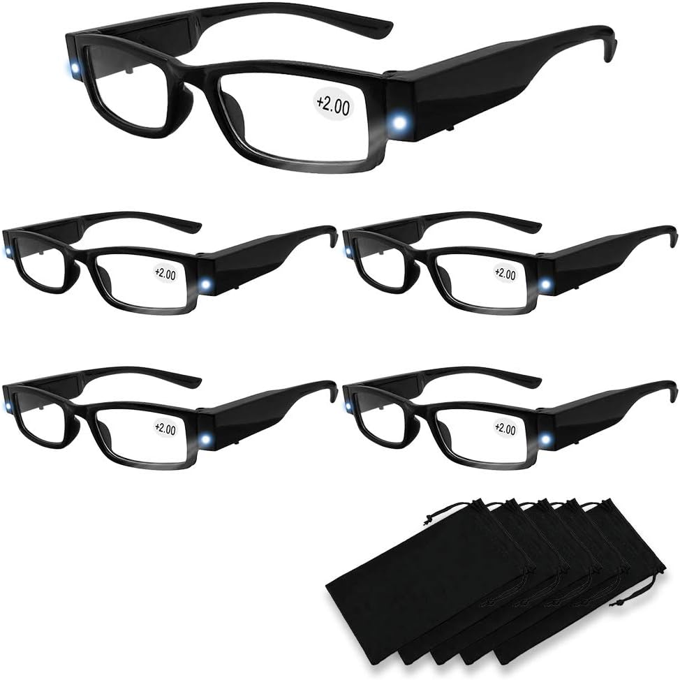 Reading Glasses Bright LED Readers with Lights Reading Glasses Lighted Magnifier Nighttime Reader Compact Full Frame Eyewear Clear Vision Unisex Clear Vision Lighted Eye Glasses,5PCS (Black, +200)