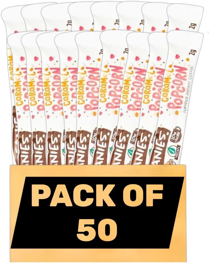 Beanies Caramel Popcorn Flavoured Instant Coffee Sticks – (Pack of 50) Sweet Caramel Popcorn Flavour