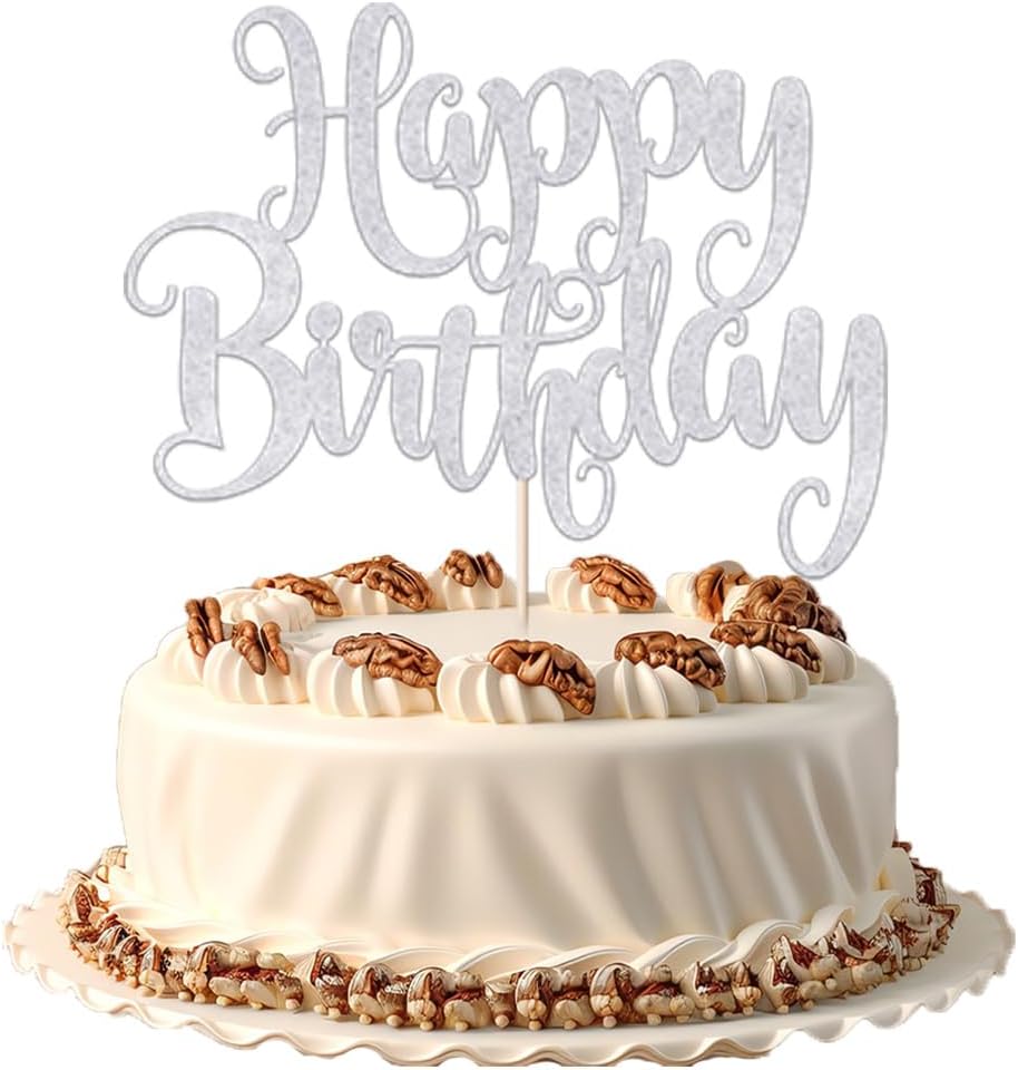 Happy Birthday Cake Topper- Glitter Happy Birthday Cake Decor, Handmade Anniversary/Birthday Party Supplies (Silver)