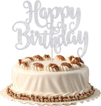 Happy Birthday Cake Topper- Glitter Happy Birthday Cake Decor, Handmade Anniversary/Birthday Party Supplies (Silver)