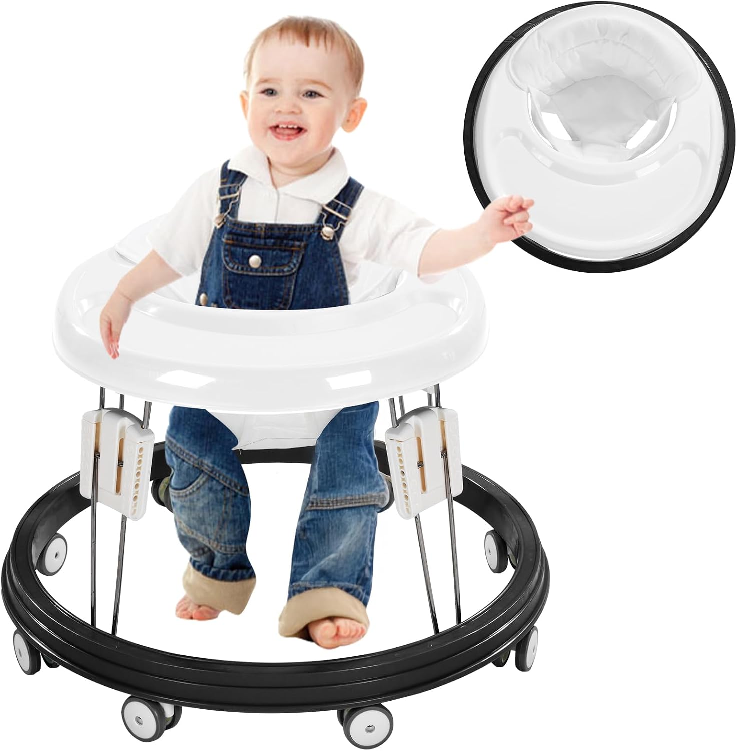 Adjustable Baby Walkers for Baby with Easy Clean Tray, Universal Wheeled Walker, Anti-Rollover Folding Walker for Girls Boys 6-18Months Toddler (White)
