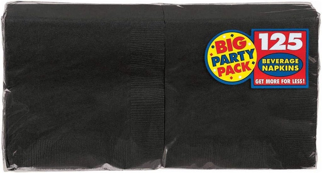 Amscan Big Party Pack 100 Count Beverage Napkins, Jet Black, 5" x 5"