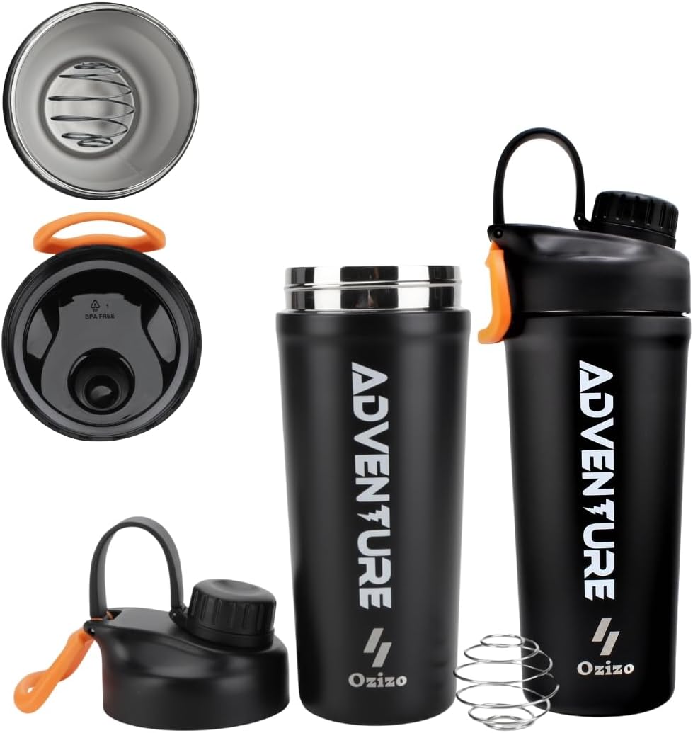 Ozizo Stainless Steel Shaker Bottle, Insulated Shaker Cup for Protein Mixes, 27.7 oz, Black