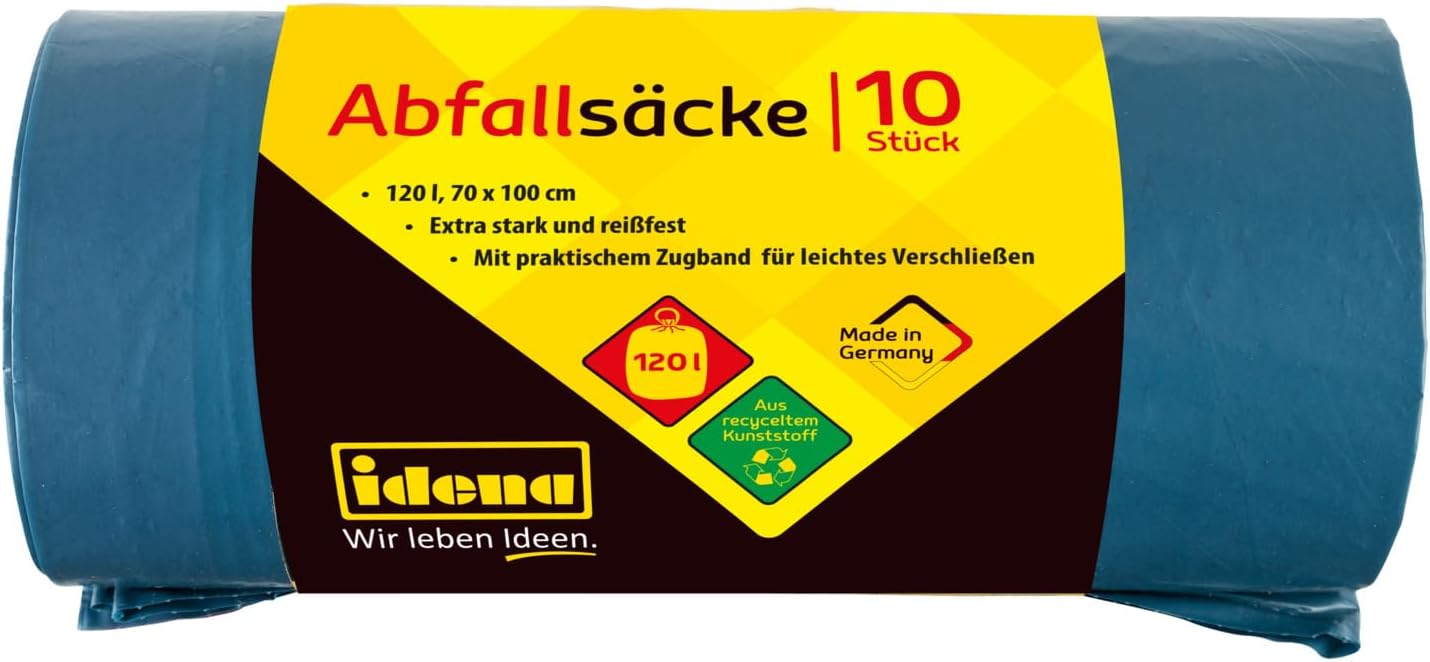Idena 50056 Waste Bags, Blue, 1 Roll of 10 Pieces, 120 Litres, 40µ Extra Strong and Tear-Resistant, with Practical Drawstring, Drawstring Bags