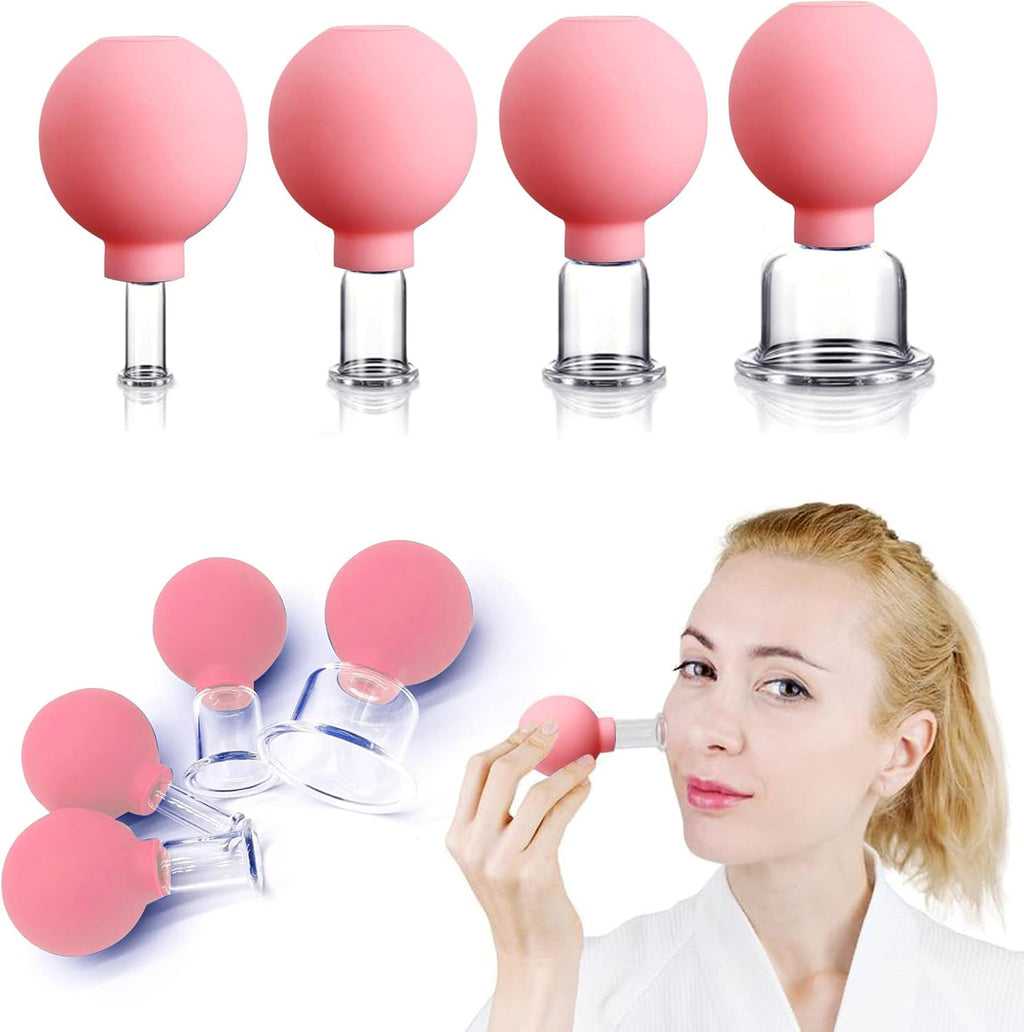 4 PCS Glass Facial Cupping Set | Silicone Vacuum Suction | Cupping Massage Therapy | A Kit For Anti Cellulite, Anti Wrinkle and Instantly Ageless Skin | For Eyes, Face and Body(Pink)