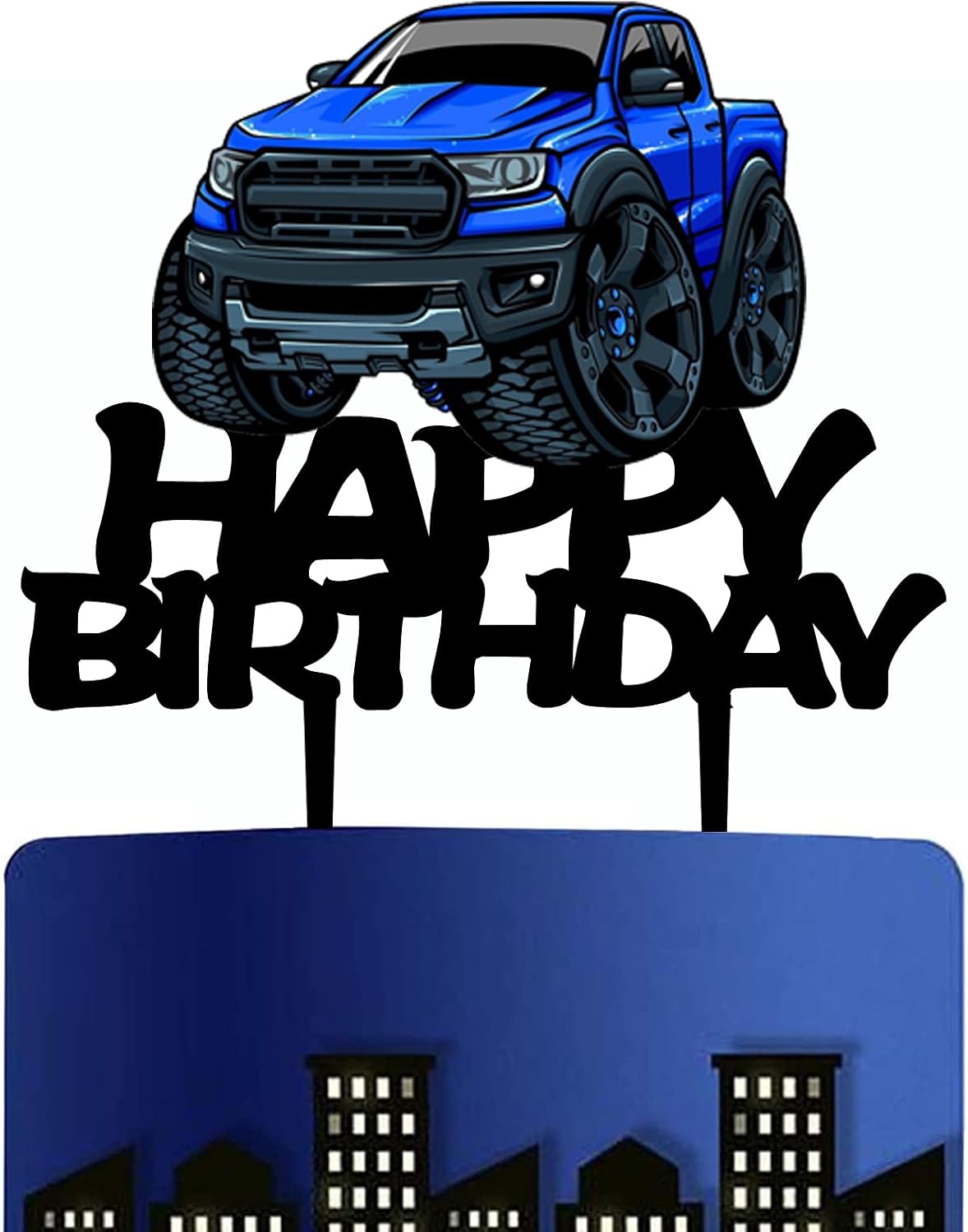 Pickup Truck Cake Topper Black Acrylic Transportation Theme Party Supplies, Pickup Truck Happy Birthday Cake Topper for Boy's Men' Birthday Party Decorations（Blue）