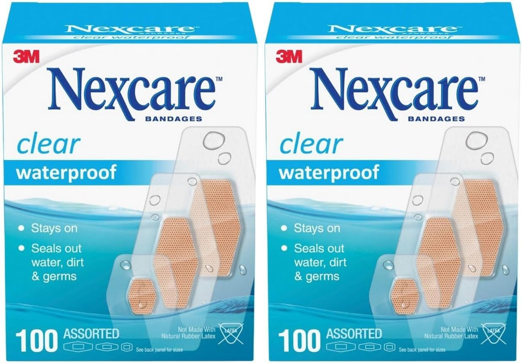 Nexcare Waterproof Clear Bandages, Covers and Protects, 360 Degree Seal Around The Pad Offers Exceptional Protection Against Water, Dirt, and Germs, Assorted Sizes, 100 Count, 2 Pack