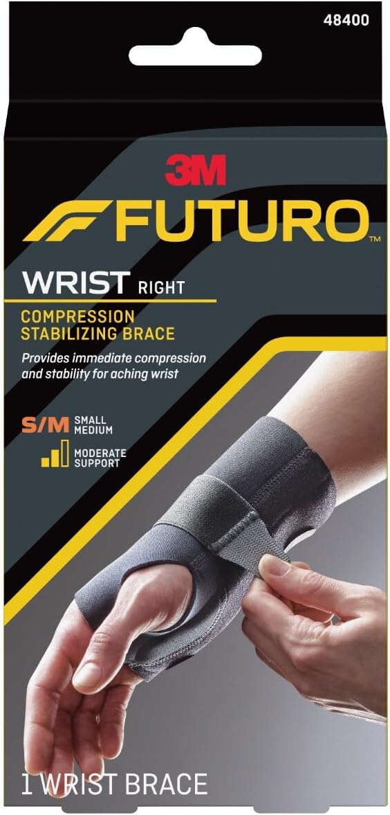 FUTURO Compression Stabilizing Wrist Brace, Right Hand, Small/Medium Size, Provides Support to Injured Wrists, Easy-to-Use Design, Three Straps Provide a Customizable Fit (48400ENR)